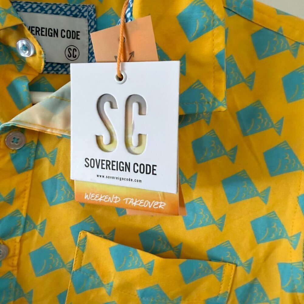 Sovereign Code Yellow & Blue Fish Pattern Short Sleeve Button Down Shirt 10/12 - Picture 5 of 6